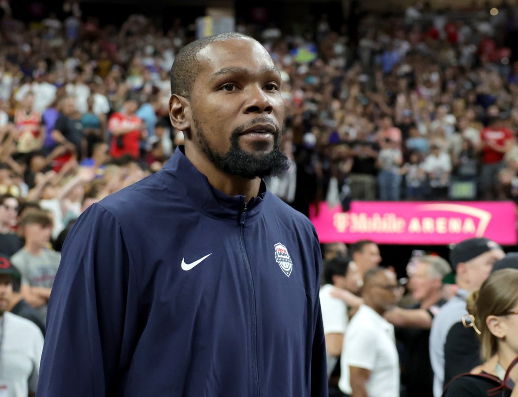 Kevin Durant #7 of the United States walks on the court after the team's 86-72 victory over Canada in their exhibition game ahead of the Paris Olympic Games at T-Mobile Arena on July 10, 2024 in Las Vegas, Nevada.