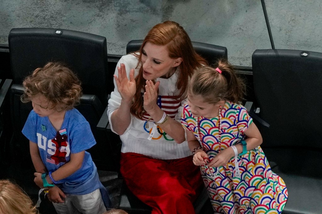 Actress Jessica Chastain cheering during a women's artistic gymnastics qualification round at the 2024 Summer Olympics in Paris, France