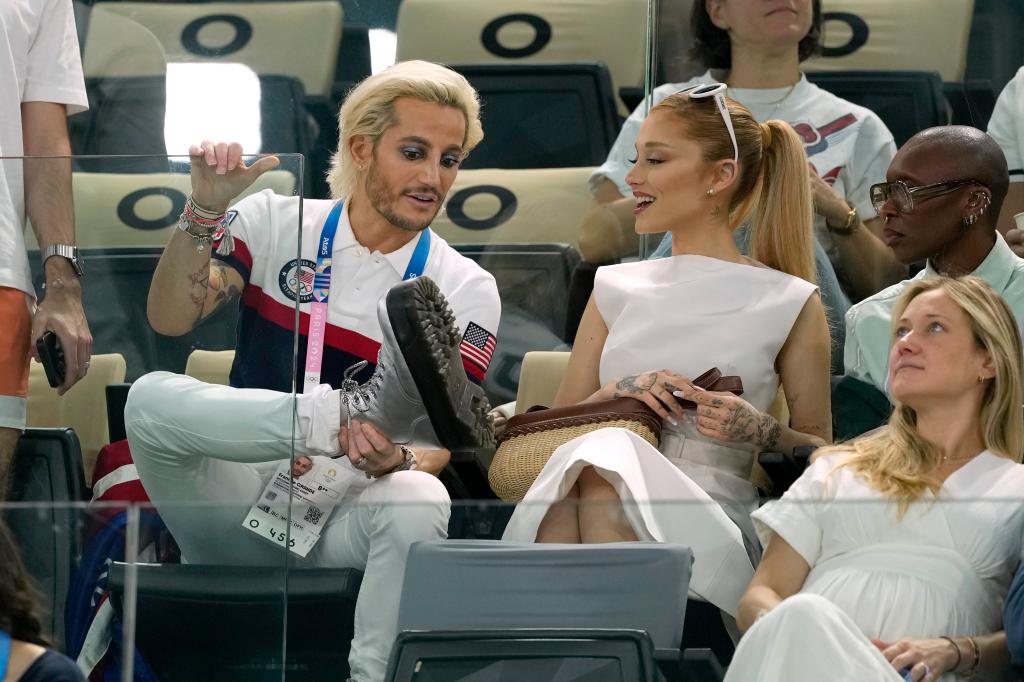 Frankie Grande, Ariana Grande, and Cynthia Erivo attending the women's artistic gymnastics qualification round at the 2024 Summer Olympics in Paris, France