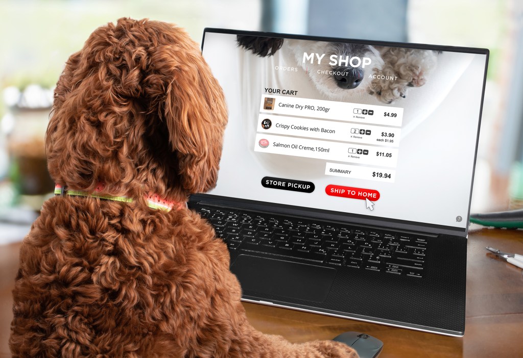 Dog using a computer to order products from an online pet-themed shopping website