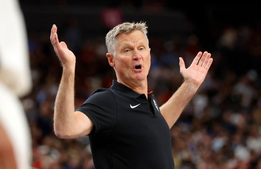 United States head coach Steve Kerr reacting to a play during an exhibition basketball game against Canada in Las Vegas, July 10, 2024