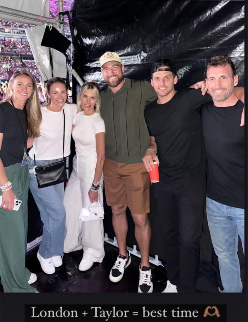 Kylie Kelce, Erin Andrews, Charissa Thompson, Travis Kelce, Steven Cundari and Jarret Stoll at Taylor Swift’s “Eras Tour” show at Wembley Stadium in London on June 22, 2024.