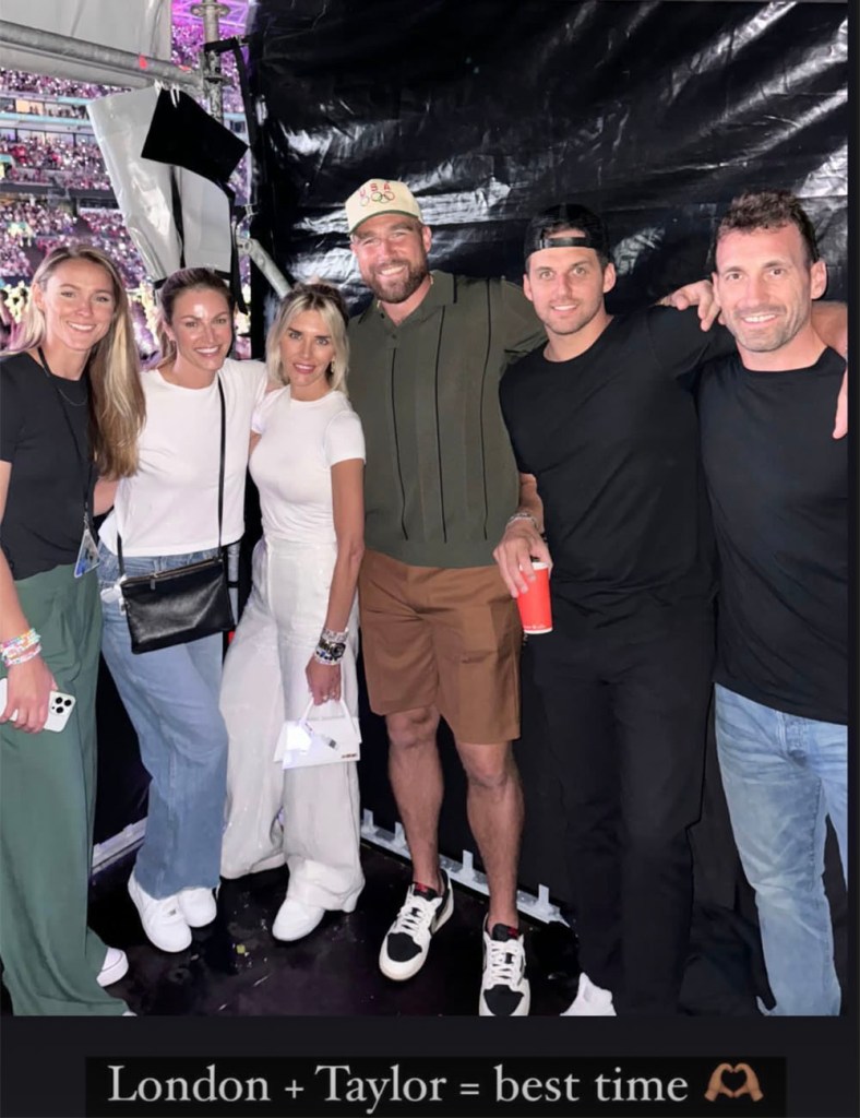 Kylie Kelce, Erin Andrews, Charissa Thompson, Travis Kelce, Steven Cundari and Jarret Stoll at Taylor Swift’s “Eras Tour” show at Wembley Stadium in London on June 22, 2024.
