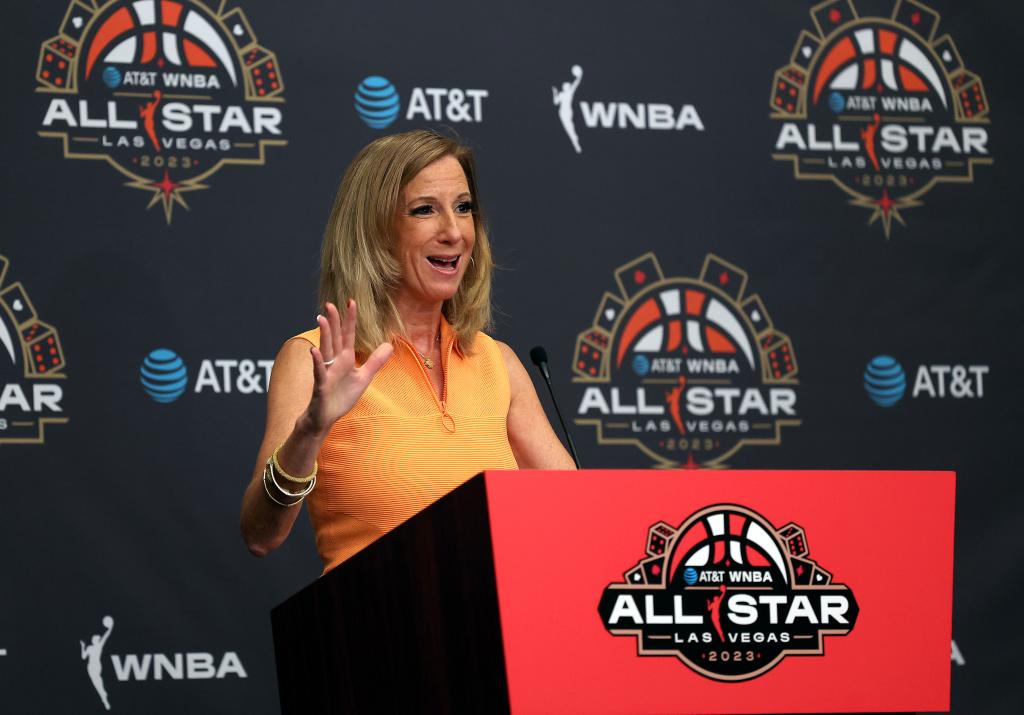 WNBA Commissioner Cathy Engelbert speaks to the media prior to the 2023 WNBA All-Star game at Michelob ULTRA Arena on July 15, 2023 in Las Vegas, Nevada.