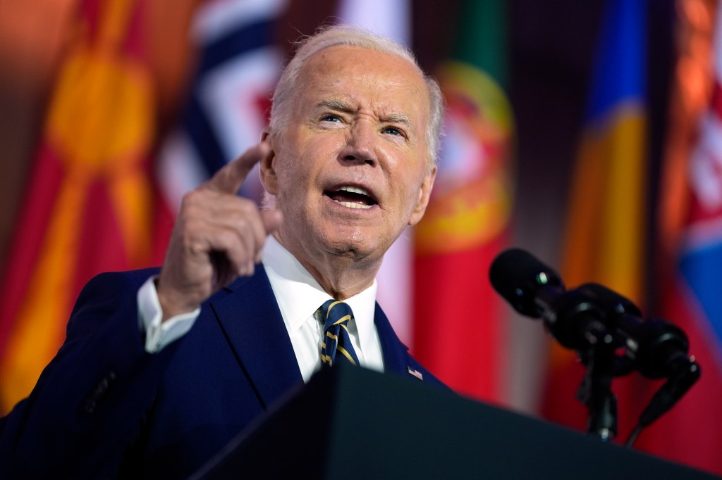 President Joe Biden delivers remarks on the 75th anniversary of NATO at the Andrew W. Mellon Auditorium,