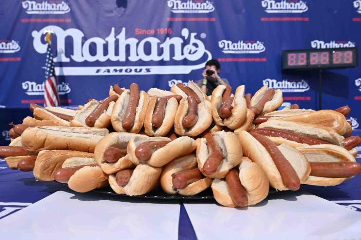 Hot Dogs on display for the annual Nathan's Famous 4th of July Hot Dogs and Buns eating contest in Coney Island, Brooklyn.