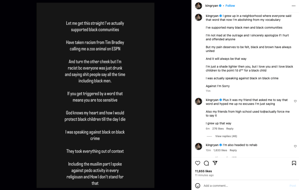 Ryan Garcia apologized for his racist rant and claimed he's going to rehab in the comments of the post.