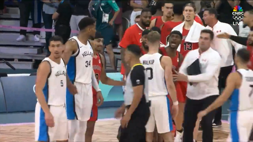 Shai Gilgeous-Alexander continues to shout at Giannoulis Larentzakis after the buzzer on July 27, 2024.
