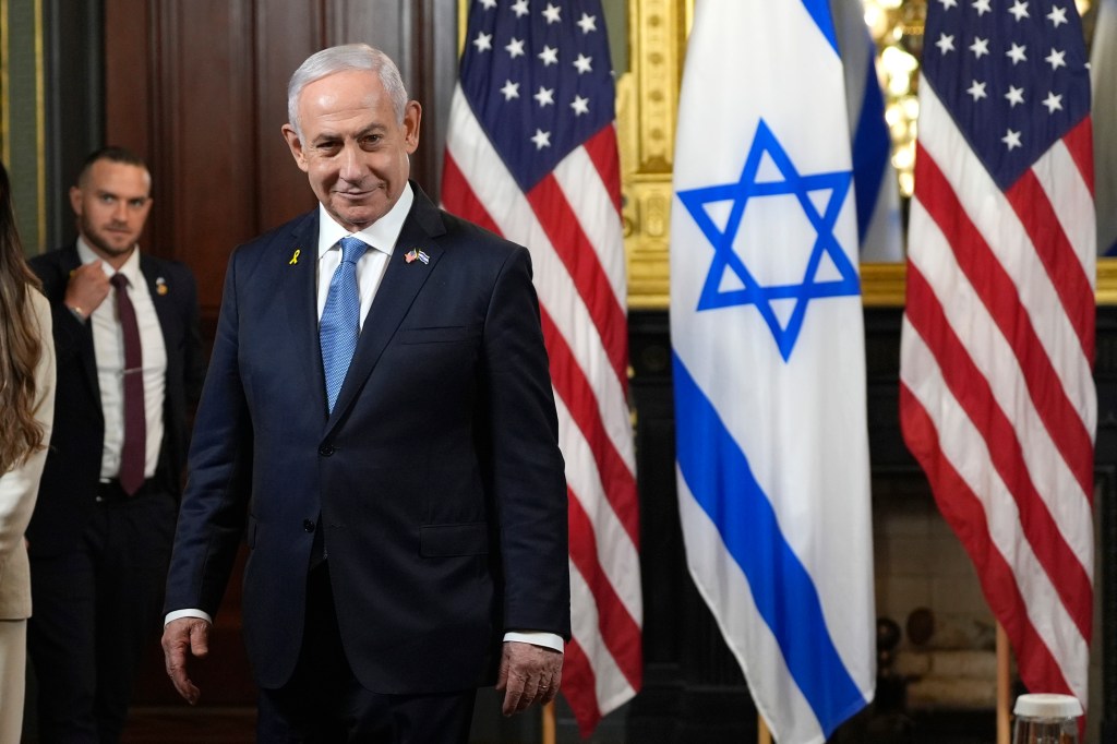 Israeli Prime Minister Benjamin Netanyahu is pictured before a meeting with Vice President Kamala Harris at the Eisenhower Executive Office Building on the White House complex in Washington.