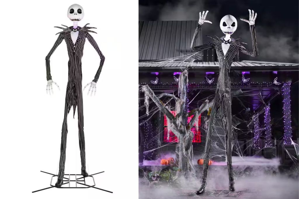 A large Jack Skellington decoration and the same decoration in front of a house to show scale.