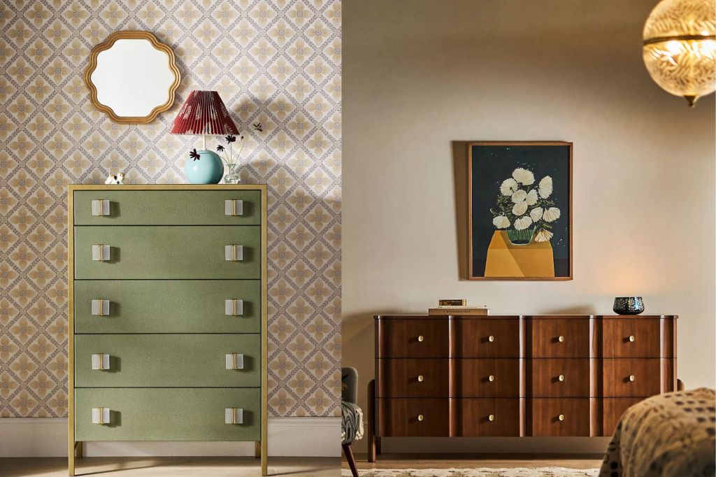 Two side by side photos of bohemian style dressers from Anthropologie.