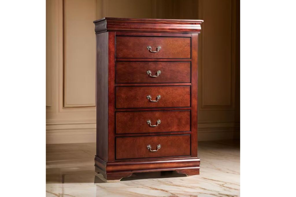 A 5-drawer dark oak wood dresser