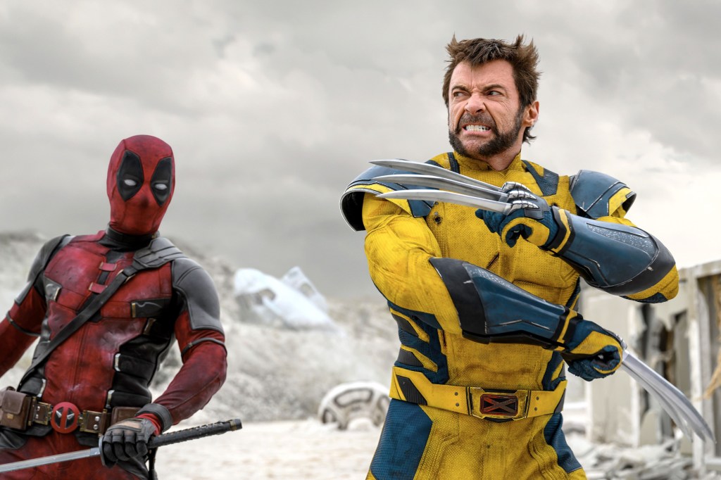 Ryan Reynolds as Deadpool and Hugh Jackman as Wolverine in a scene from Deadpool 3, 2024.