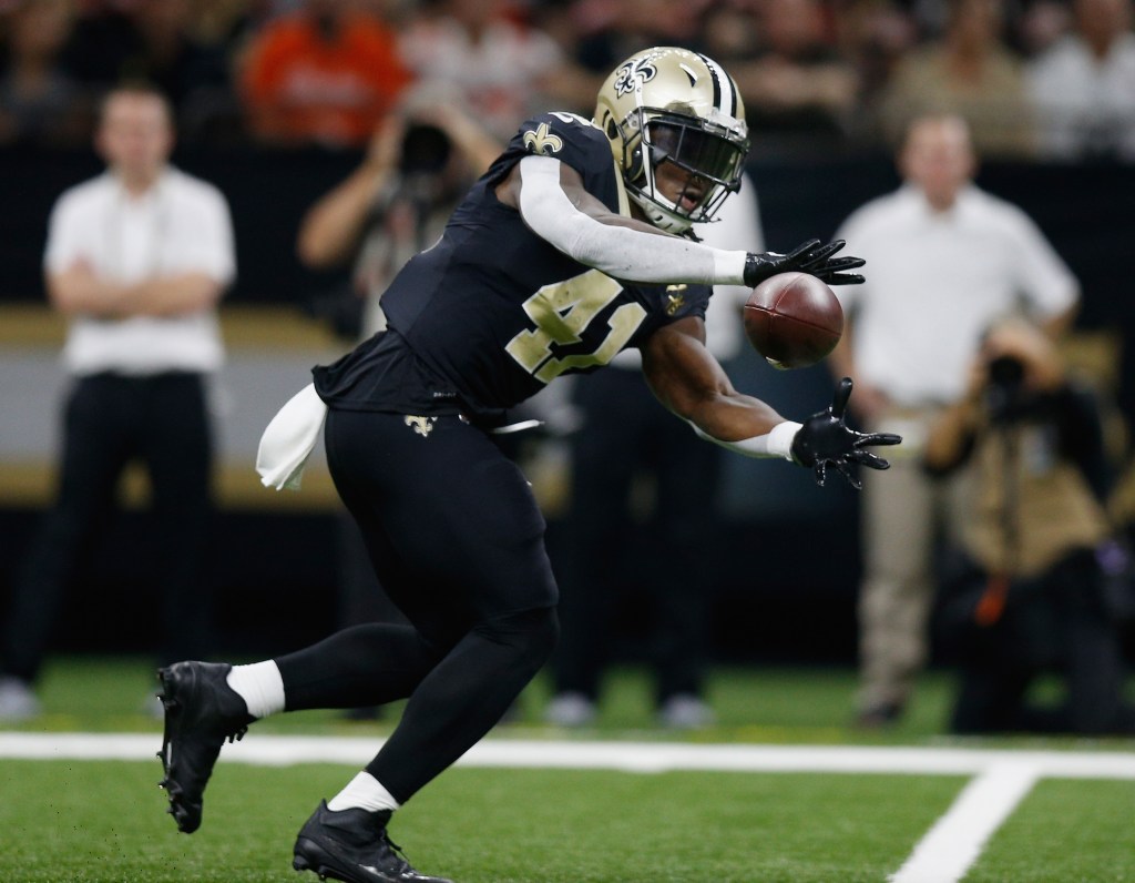 Alvin Kamara #41 of the New Orleans Saints catches the ball during the first quarter against the Cleveland Browns.