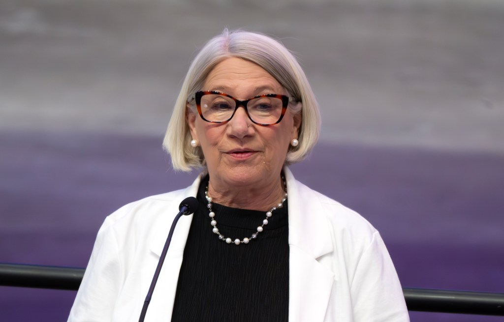 Anita Dunn, Senior Advisor to President Biden for Communications, makes remarks to the media at the spring walkthrough ahead of the 2024 Democratic National Convention at the United Center in Chicago, Illinois on Wednesday, May 22, 2024.