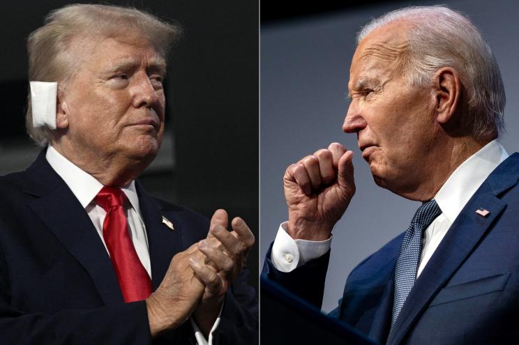 Collage of former US President Donald Trump with bandaged ear at the 2024 Republican National Convention and current US President Joe Biden speaking in Las Vegas before testing positive for Covid