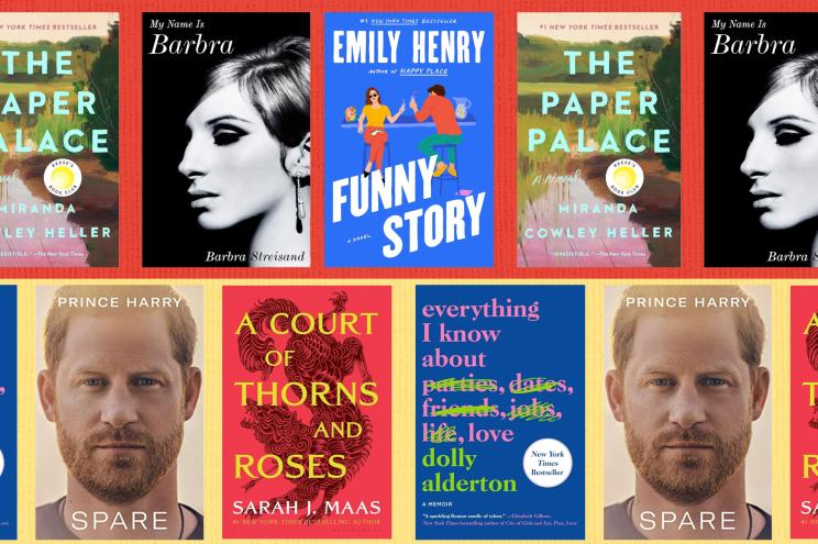 A collage of books featuring faces of Prince Harry, Duke of Sussex, and Barbra Streisand