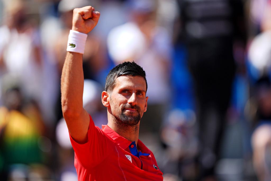 Novak Djokovic celebrates after defeating Rafael Nadal  in the men's tennis singles first round during the Paris 2024 Olympic Summer Games on July 29, 2024.