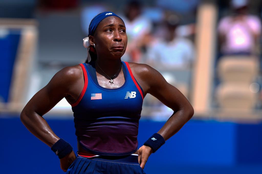 Coco Gauff cries after arguing with an umpire during her Olympics loss on July 30, 2024.