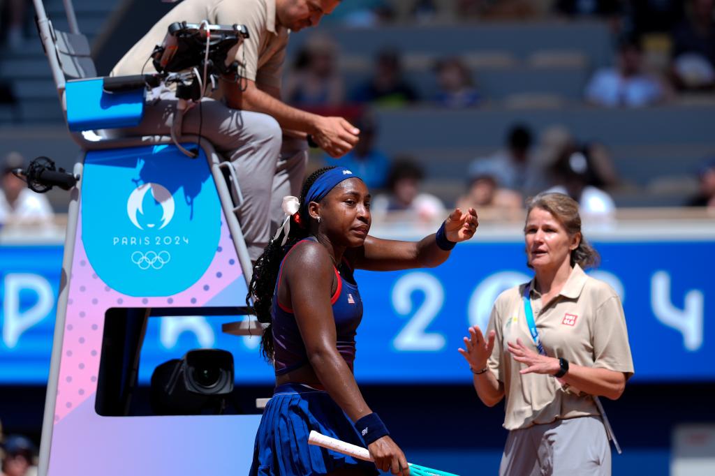 Coco Gauff argues a call during her Olympics loss on July 30, 2024.