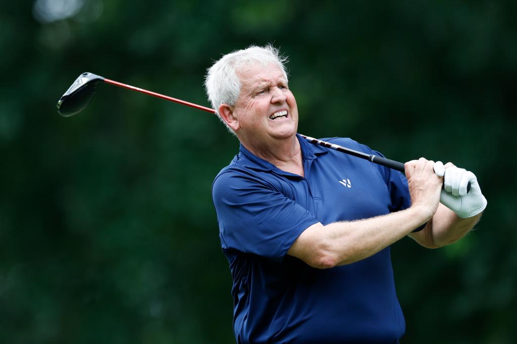 Colin Montgomerie of Scotland teeing off on the 11th hole during the first round of the Insperity Invitational at The Woodlands Golf Club on May 4, 2024