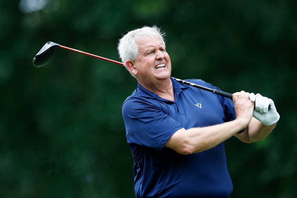 Colin Montgomerie of Scotland teeing off on the 11th hole during the first round of the Insperity Invitational at The Woodlands Golf Club on May 4, 2024