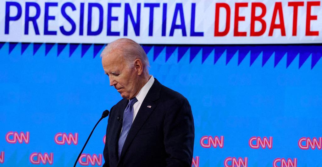 President Joe Biden during presidential debate looking down.
