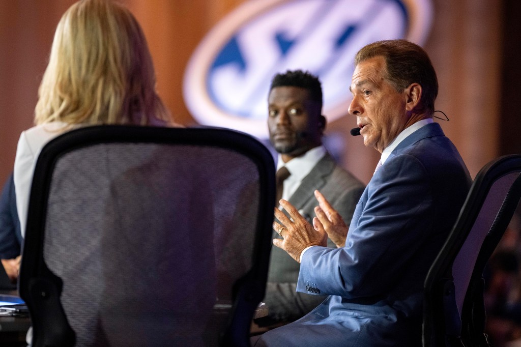 ESPN sportscaster and former football coach Nick Saban speaks during the Southeastern Conference NCAA college football media days Monday, July 15, 2024, in Dallas. 