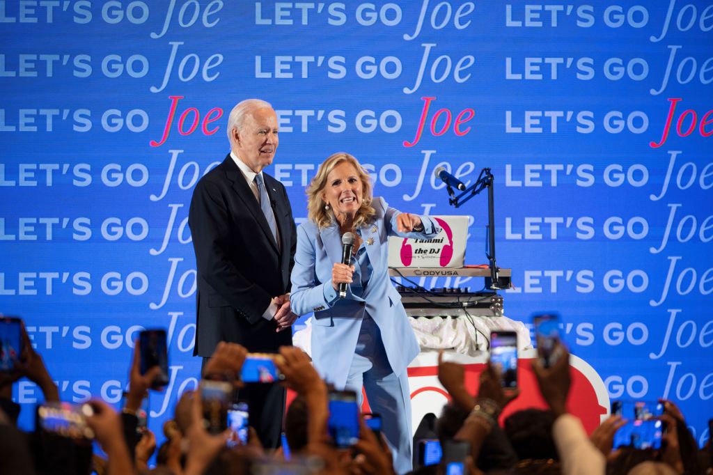 President Joe Biden (L) and First Lady Dr. Jill Biden (R) speak to supporters gathered at a debate watch party after Biden sparred with Republican opponent Donald Trump at the CNN debate; in Atlanta, Georgia, USA, 27 June 2024.