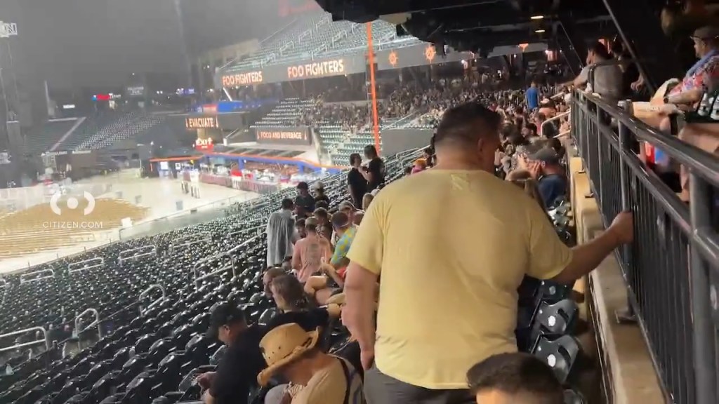 Concert-goers at a prematurely ended Foo Fighters show at Citi Field, New York, due to unexpected thunderstorms.