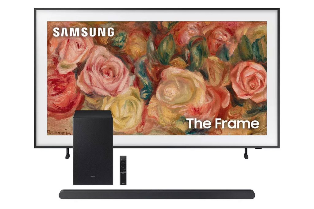 A rectangular TV displaying a painting of flowers with a soundbar below it