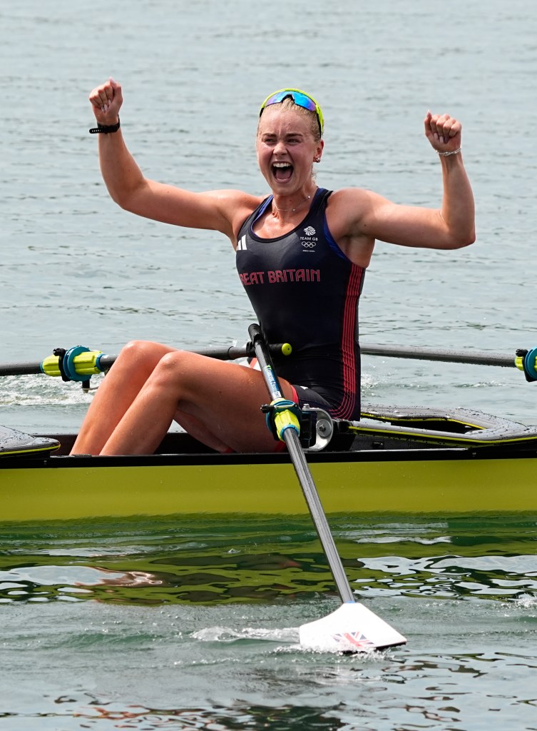 Lola Anderson (GBR) celebrates after winning the women's quadruple sculls final A during the Paris 2024 Olympic Summer Games at Vaires-sur-Marne Nautical Stadium.