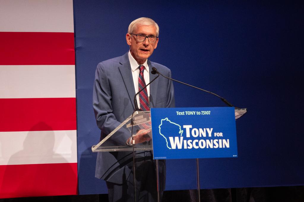 Gov. Tony Evers speaks to supporters during an election night event at The Orpheum Theater on November 8, 2022 in Madison, Wisconsin. 