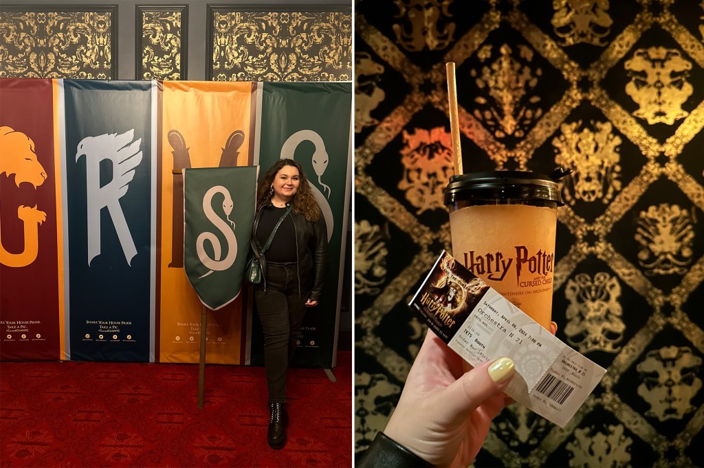 A woman standing in front of a wall holding a drink and a ticket