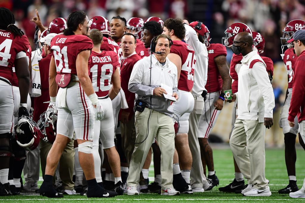 Head coach Nick Saban of the Alabama Crimson Tide looks on during a time in the third quarter against the Georgia Bulldogs during the 2022 CFP National Championship Game at Lucas Oil Stadium on January 10, 2022 in Indianapolis, Indiana.  