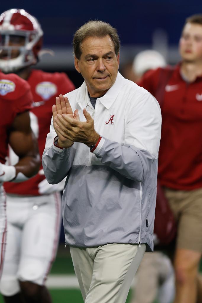 Head coach Nick Saban of the Alabama Crimson Tide looks on during pregame warm-ups prior to a game against the Cincinnati Bearcats in the Goodyear Cotton Bowl Classic for the College Football Playoff semifinal game at AT&T Stadium on December 31, 2021 in Arlington, Texas.  