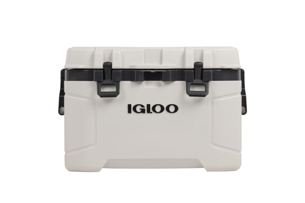 A white Igloo cooler with black handles