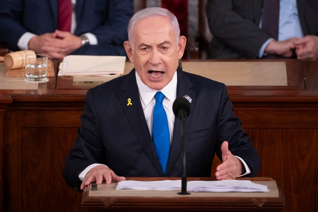 Israeli Prime Minister Benjamin Netanyahu speaking to a joint meeting of Congress at the US Capitol, Washington, DC.