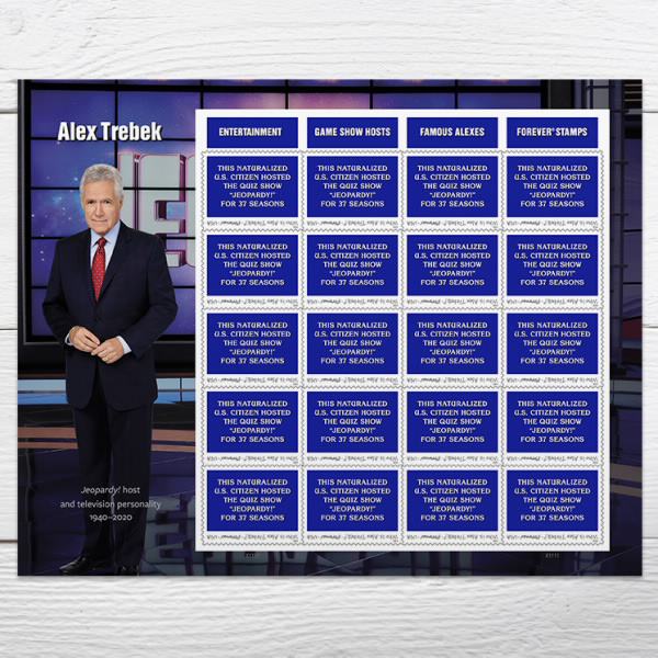 The United States Postal Service's Forever postage stamp in honor of Trebek on his birthday, July 22.