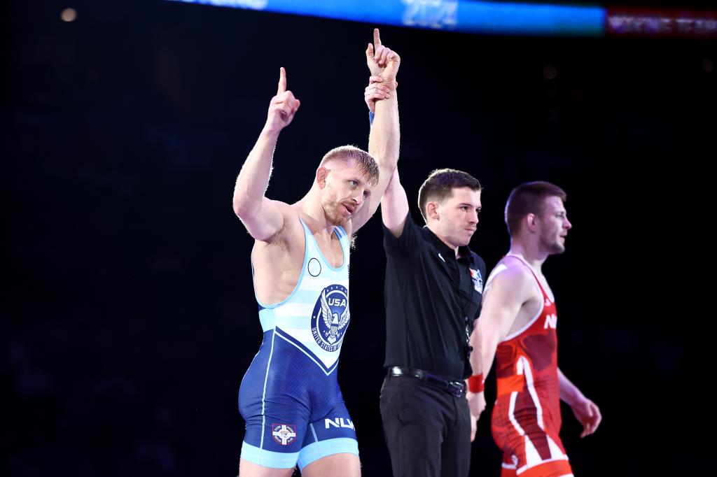 Kyle Dake celebrating his victory against Jason Nolf in the men's freestyle 74-KG division final at the US Olympic Wrestling Trials in Pennsylvania, 2024