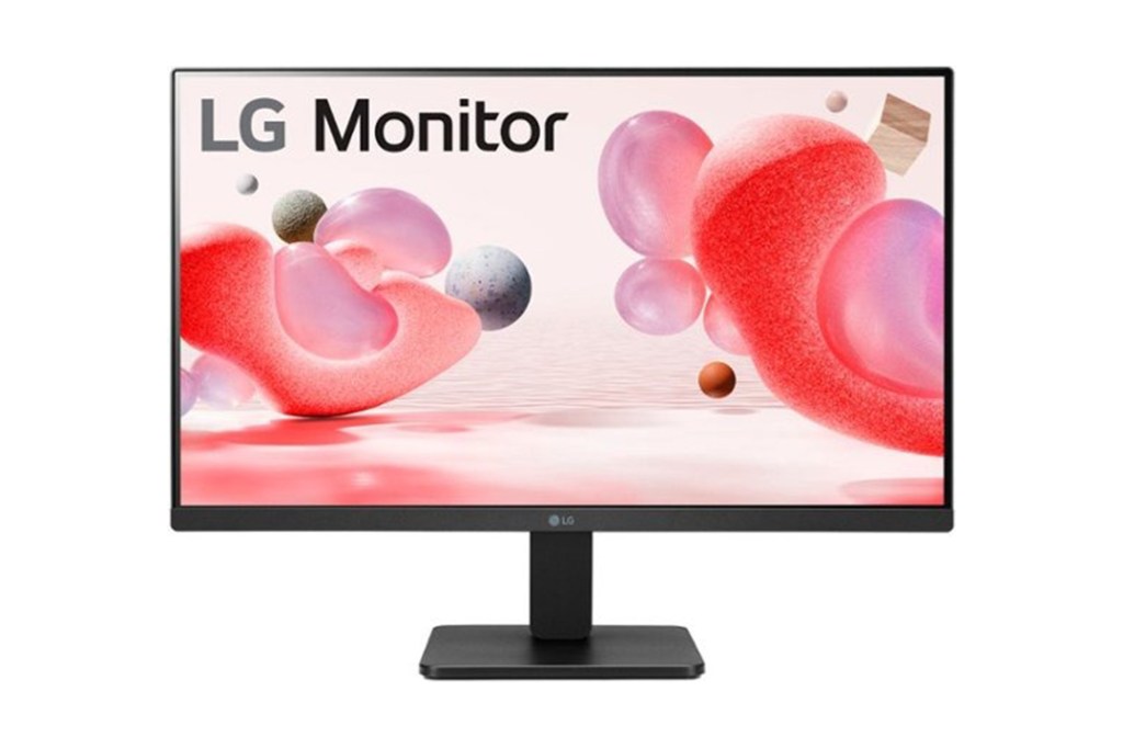 A monitor displaying a pink and purple design