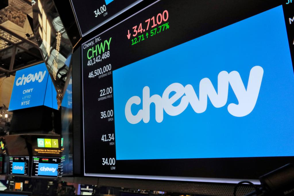 Shares of Chewy, the online pet store, were up by as much as 12% in pre-market trading on Monday.