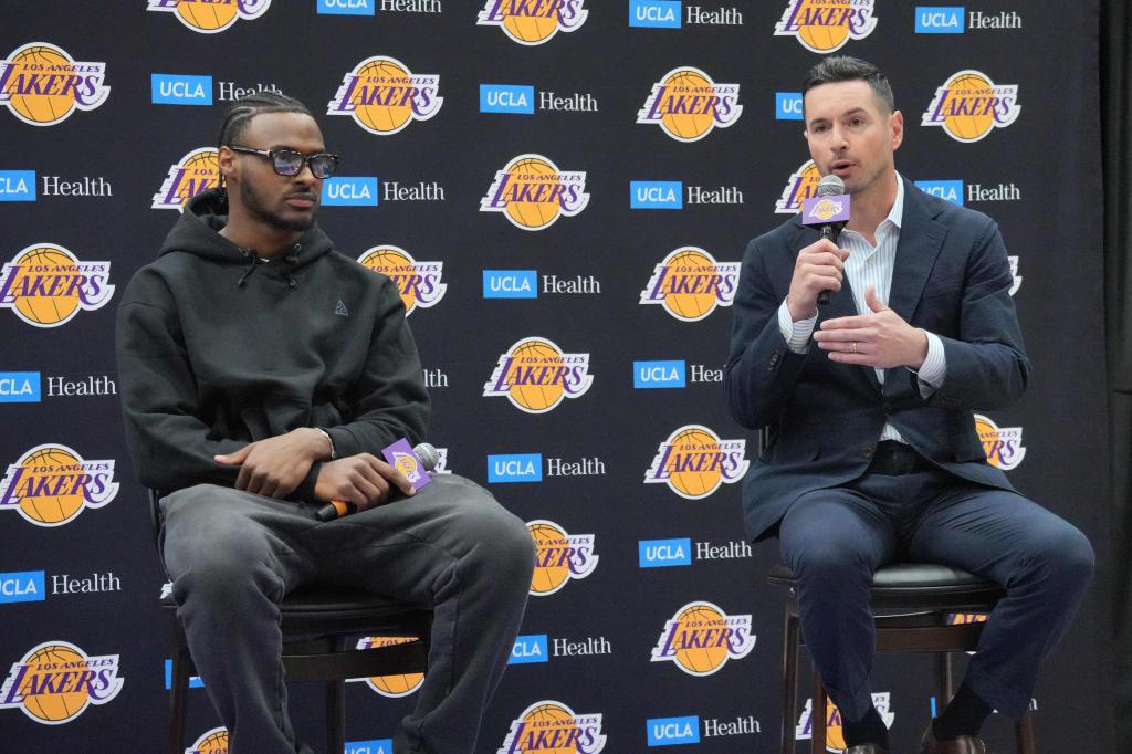 Bronny James with Lakers head coach JJ Redick at his introductory press conference in July 2024.