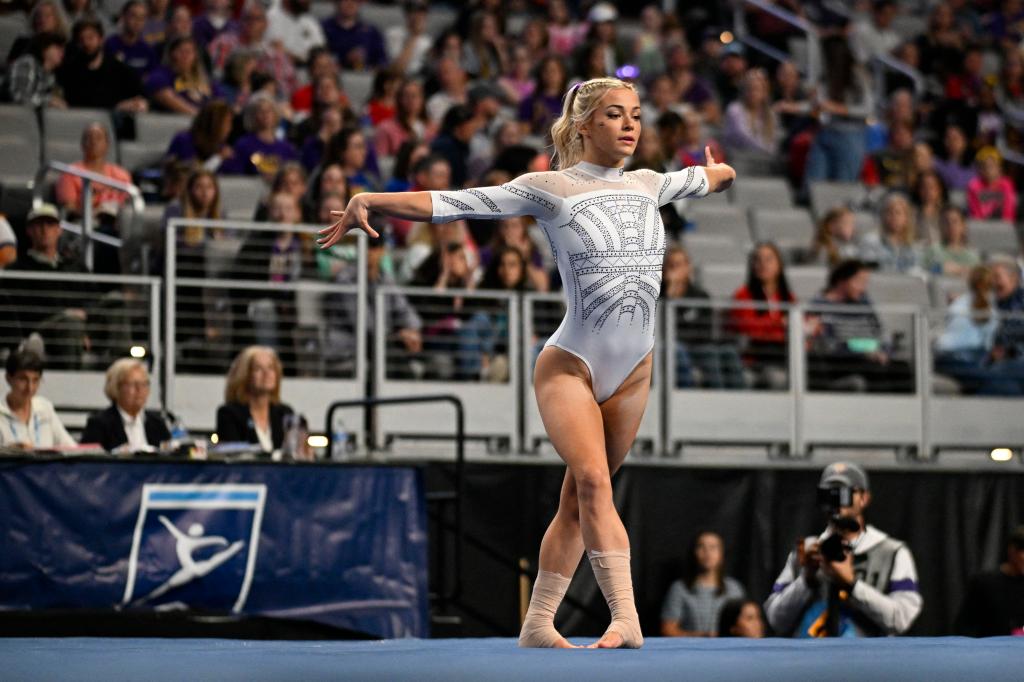 LSU Tigers gymnast Olivia Dunne warms up on floor before the start of the 2024 Womens National Gymnastics Championship at Dickies Arena on April 20, 2024.