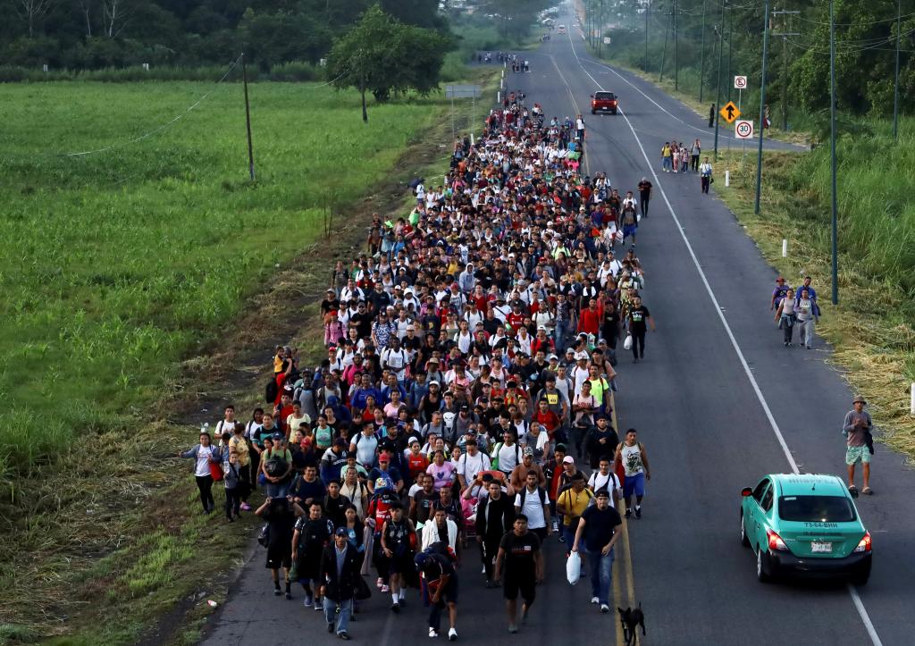 A migrant caravan making its way through Ciudad Hidalgo, Mexico on July 21, 2024.