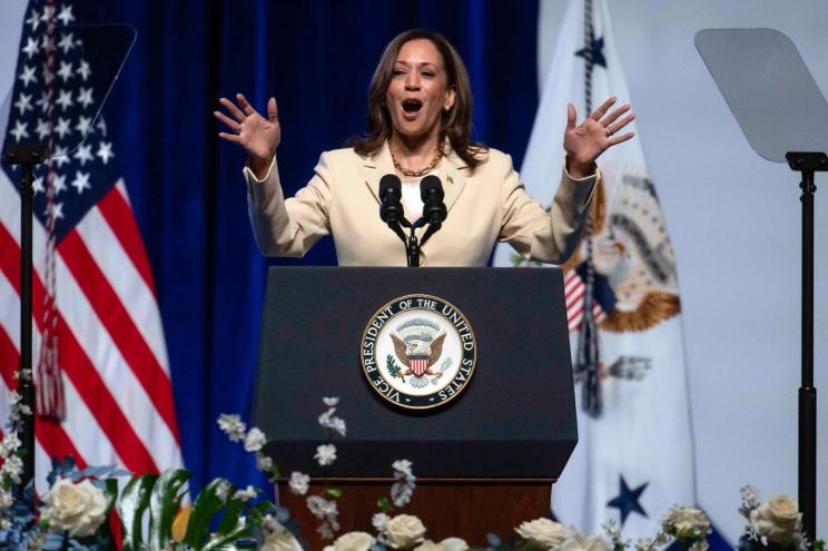 Vice President Kamala Harris speaking at the Zeta Phi Beta Sorority's Conference in Indianapolis on July 24, 2024.