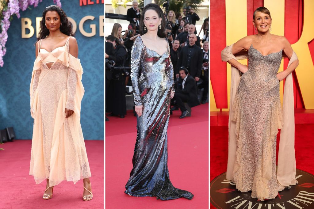 A collage of women in dresses featuring Eva Green and Sharon Stone