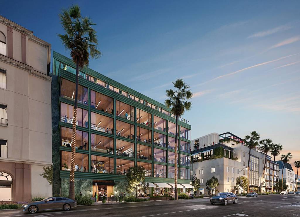 Architectural rendering of the future Saks Fifth Avenue and HBC development on Wilshire Blvd with hotel, residences, retail and office space