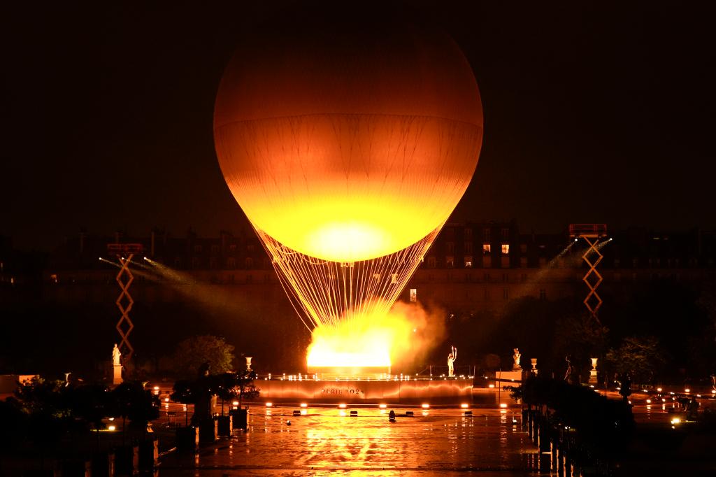 Olympic Flame ascending on a balloon during the opening ceremony of the 2024 Summer Olympics in Paris, France