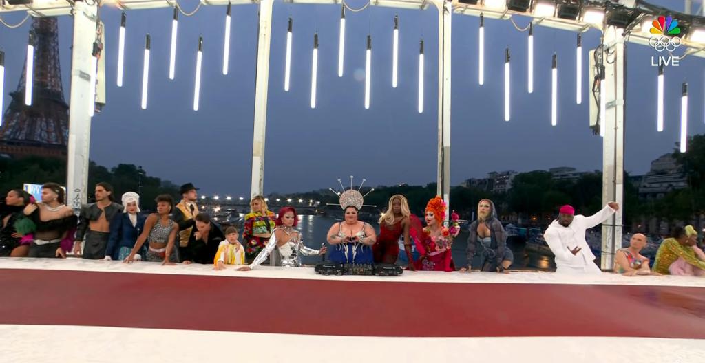 Drag queens performing a 'Last Supper' scene at the opening ceremony of the Paris 2024 Olympics, with Linda Sarsour present